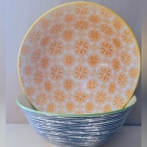 Floral and Striped Ceramic Bowls